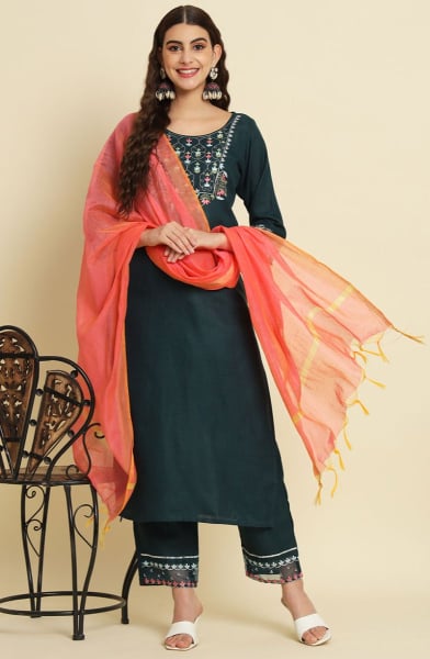 Peacock Blue Embroidered Silk Blend Readymade Suit