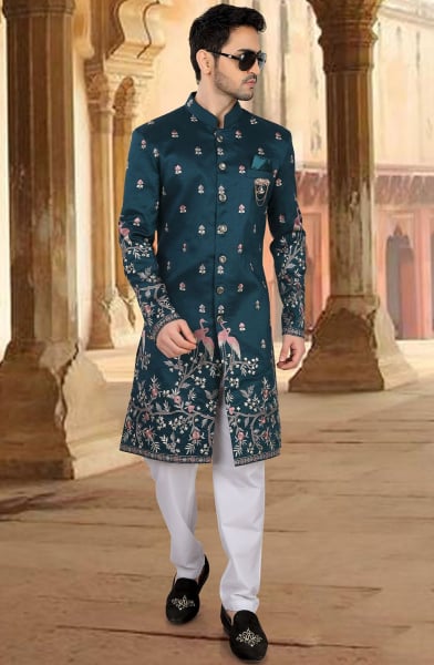 Peacock Blue Embroidered Silk Designer Indo Western