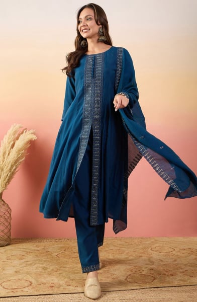 Peacock Blue Embroidered Silk Readymade Pant Kameez