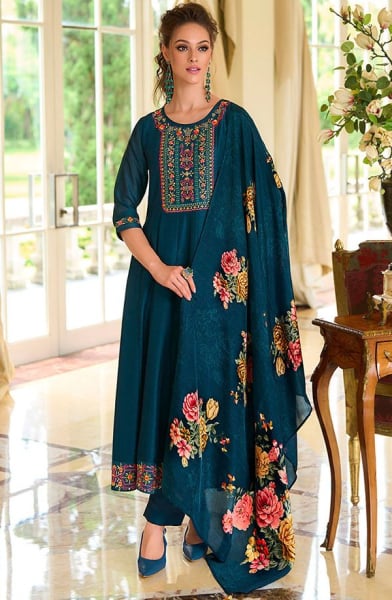 Peacock Blue Embroidered Silk Readymade Suit