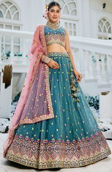 Peacock Blue Embroidered Tissue Designer Lehenga Choli
