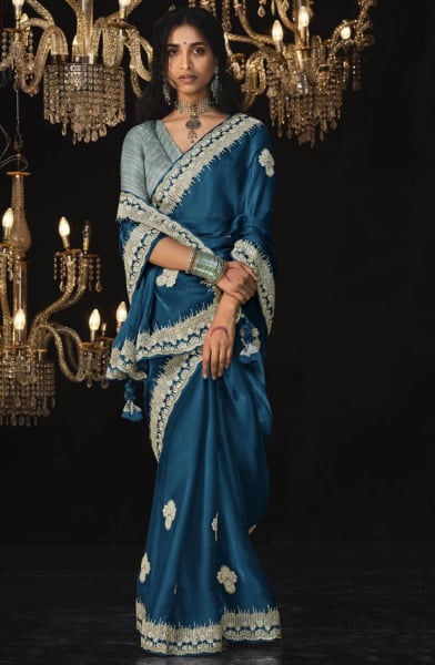 Peacock Blue Embroidered Tissue Silk Designer Saree