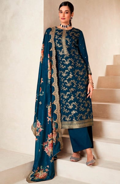 Peacock Blue Embroidered Viscose Dola Silk Trouser Kameez