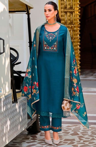 Peacock Blue Embroidered Viscose Readymade Suit