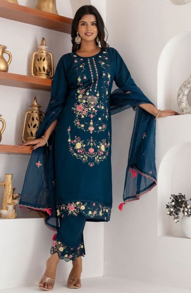 Peacock Blue Embroidered Viscose Silk Readymade Suit