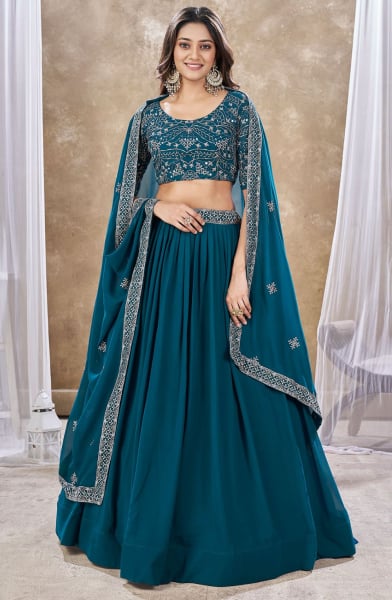 Peacock Blue Faux Georgette Lehenga with Embroidered Choli and Dupatta