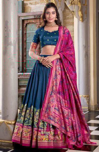 Peacock Blue Foil Print Tussar Silk Lehenga Choli