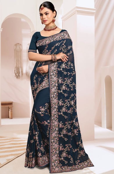 Peacock Blue Georgette Embroidered Saree for Ceremonial