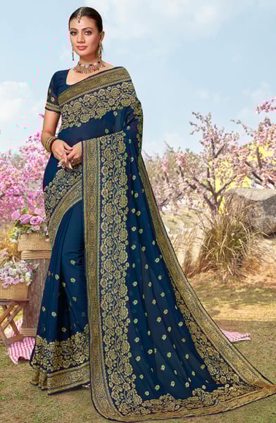 Peacock Blue Georgette Embroidered Saree