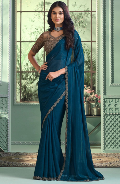 Peacock Blue Georgette Saree with Embroidered Blouse