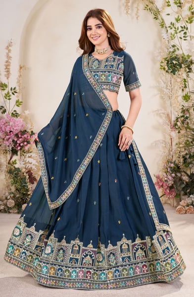Peacock Blue Georgette Sequins Embroidered Lehenga Choli Set