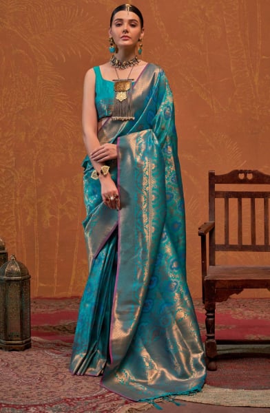 Peacock Blue Handloom Weaving Silk Saree