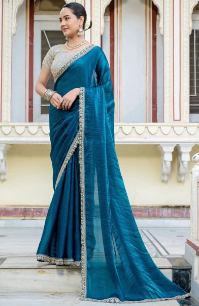 Peacock Blue Handwork Satin Saree for Wedding