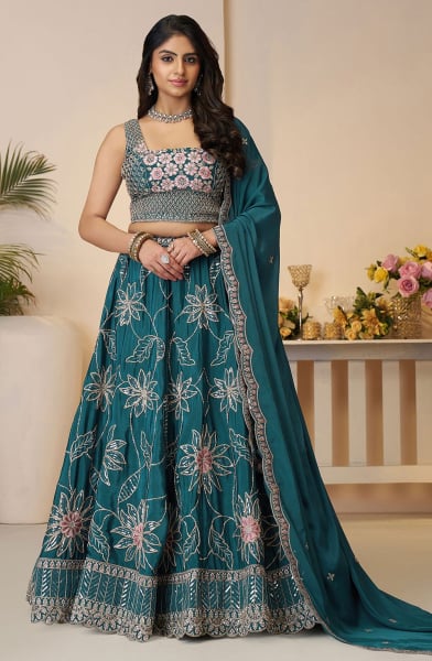 Peacock Blue Heavy Embroidered Lehenga Choli for Wedding