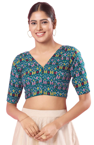Peacock Blue Ikkat Print Cotton Blouse