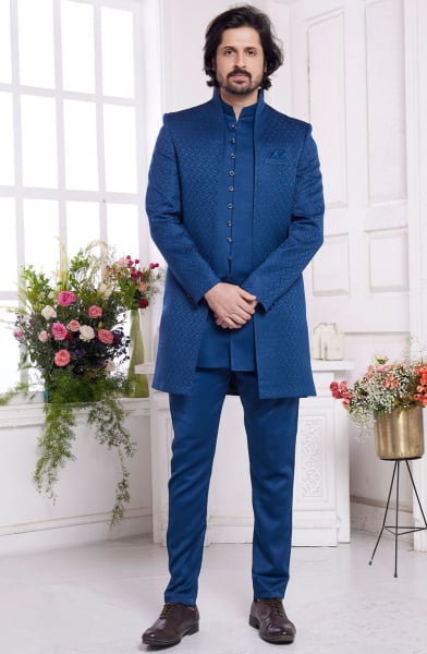 Peacock Blue Jacquard Art Silk IndoWestern