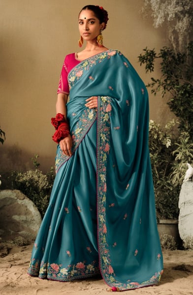 Peacock Blue Khatli Work Designer Saree for Ceremonial