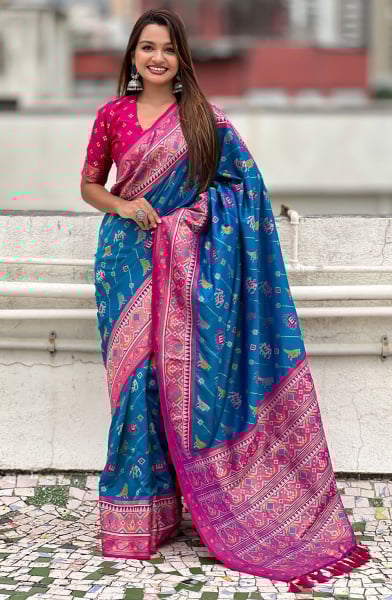 Peacock Blue Meenakari Patola Silk Saree