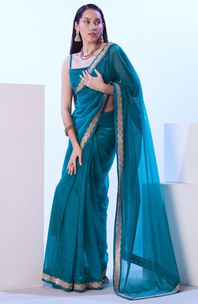 Peacock Blue Net Saree for Ceremonial