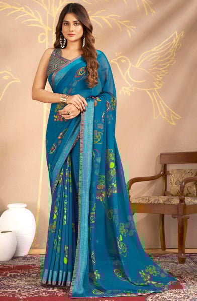 Peacock Blue Printed Casual Georgette Saree