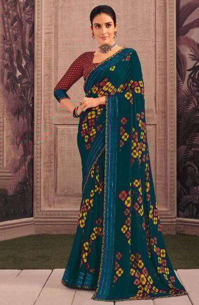 Peacock Blue Printed Casual Georgette Saree