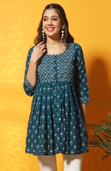 Peacock Blue Printed Cotton Tunic