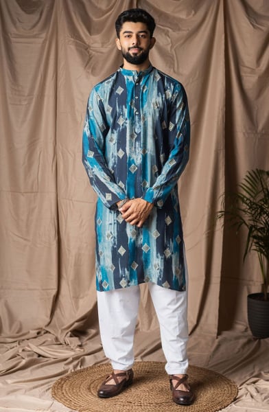 Peacock Blue Printed Modal Silk Kurta Set