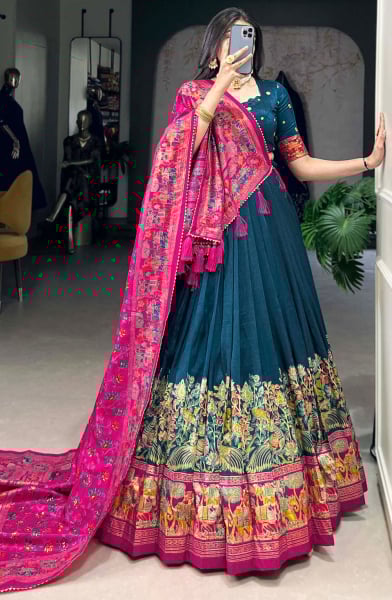 Peacock Blue Printed Tussar Silk Lehenga Choli