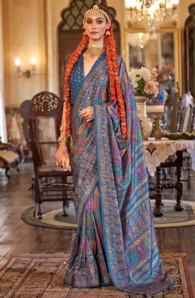 Peacock Blue Printed Viscose Silk Saree