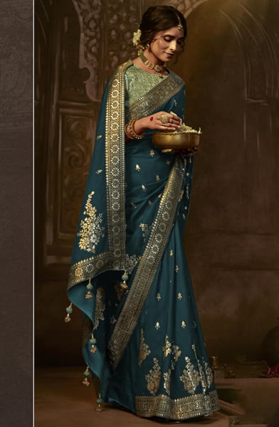 Peacock Blue Pure Dola Silk Woven Saree