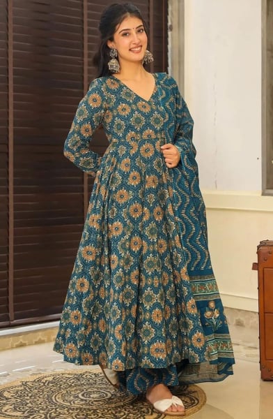 Peacock Blue Pure Muslin Plus Size Suit