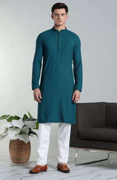 Peacock Blue Rayon Cotton Chikan Embroidered Kurta Pyjama Set