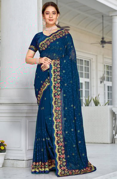 Peacock Blue Resham Embroidered Georgette Saree
