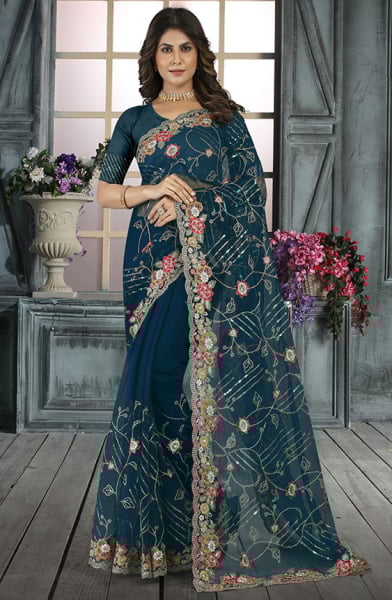 Peacock Blue Resham Embroidered Net Saree