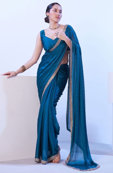 Peacock Blue Satin Chiffon Saree for Ceremonial