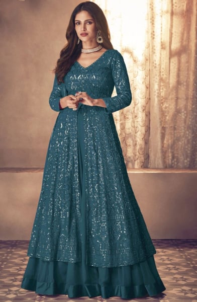 Peacock Blue Sequined Georgette Lehenga Kameez