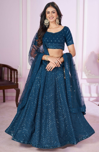 Peacock Blue Sequins Embroidered Georgette Lehenga Choli
