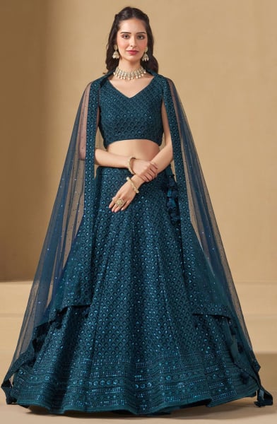 Peacock Blue Sequins Embroidered Georgette Lehenga Choli