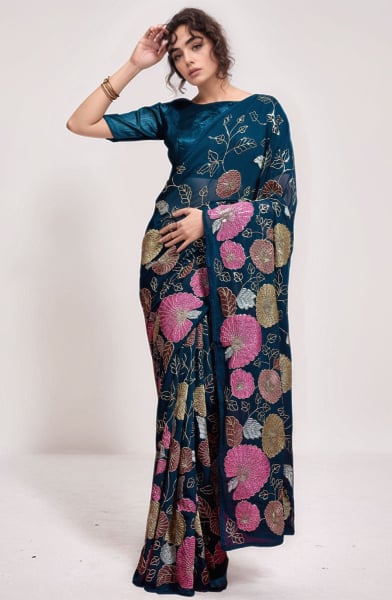 Peacock Blue Sequins Embroidered Georgette Saree