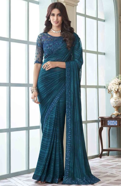 Peacock Blue Silk Saree with Embroidered Blouse for Wedding