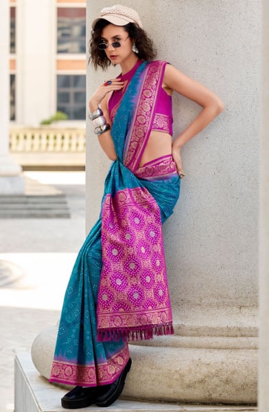 Peacock Blue Soft Ikkat Concept Silk Saree