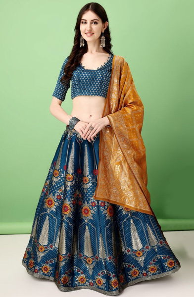 Peacock Blue Soft Silk Jacquard Lehenga Choli