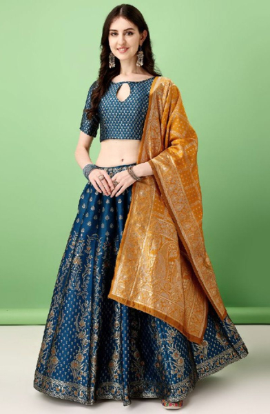 Peacock Blue Soft Silk Jacquard Lehenga Choli