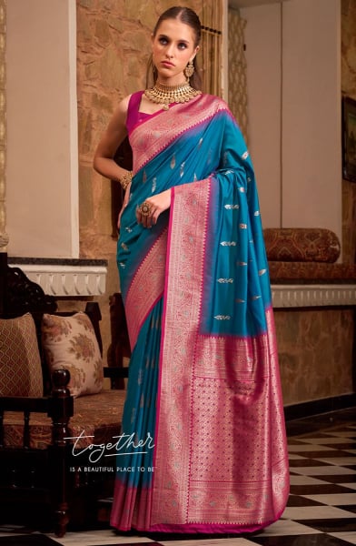 Peacock Blue Soft Silk Saree with Zari Weaving