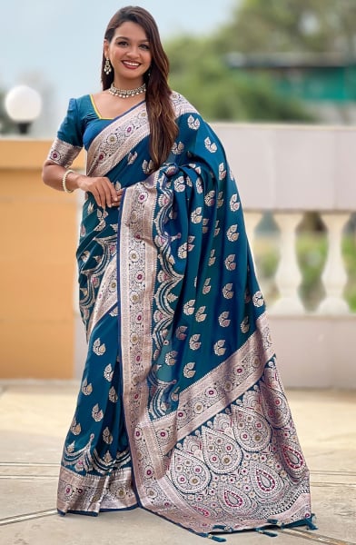 Peacock Blue Woven Banarasi Silk Saree