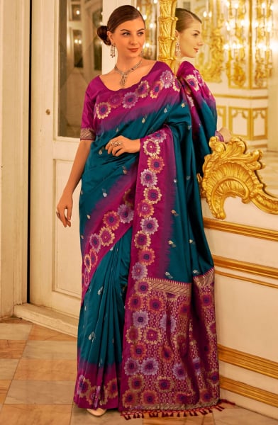 Peacock Blue Woven Banarasi Silk Saree