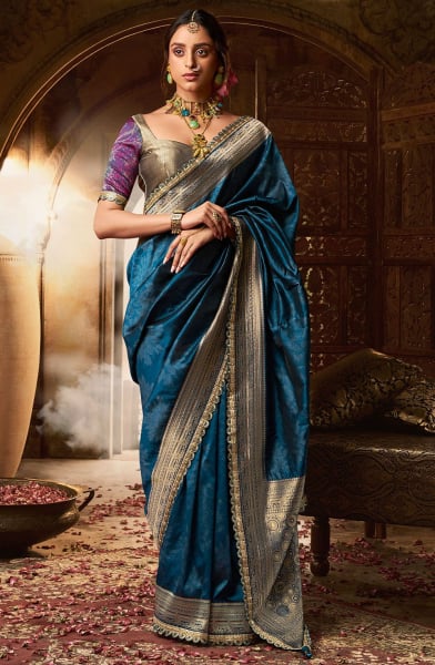 Peacock Blue Woven Banarasi Silk Saree