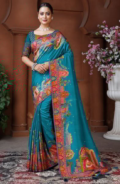 Peacock Blue Woven Dola Silk Designer Saree