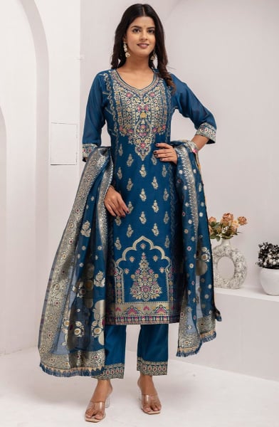 Peacock Blue Woven Jacquard Silk Readymade Suit