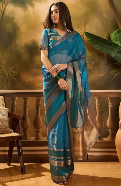Peacock Blue Woven Organza Saree